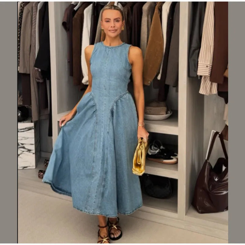 Women Blue Denim Pleated High Waist A-line Long Dress Sexy Backless Sleeveless Lace-up Vestidos Elegant Street Party Dresses