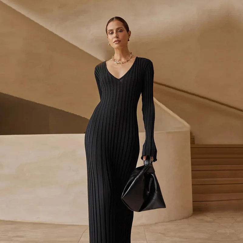 Fashion Knitted Dresses Women's Winter Elegant Pleated Dress Long Sleeve V Neck Lace-up Casual Slim White Black Street White New