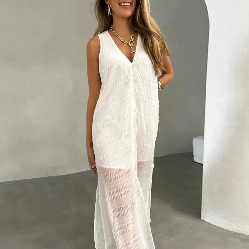 Casual V Neck Button Lace Party Dresses Woman Spring Solid Split Pleated Long Dress Summer Sleeveless Hollow Holiday Beach Dress