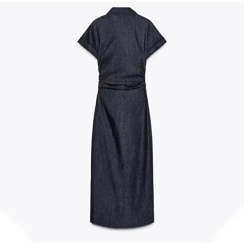 Sexy V-neck Denim Dresses 2025 Women's Spring Fashion Slim Long Dress Chic Short Sleeves Single Button High Street Lady New Robe