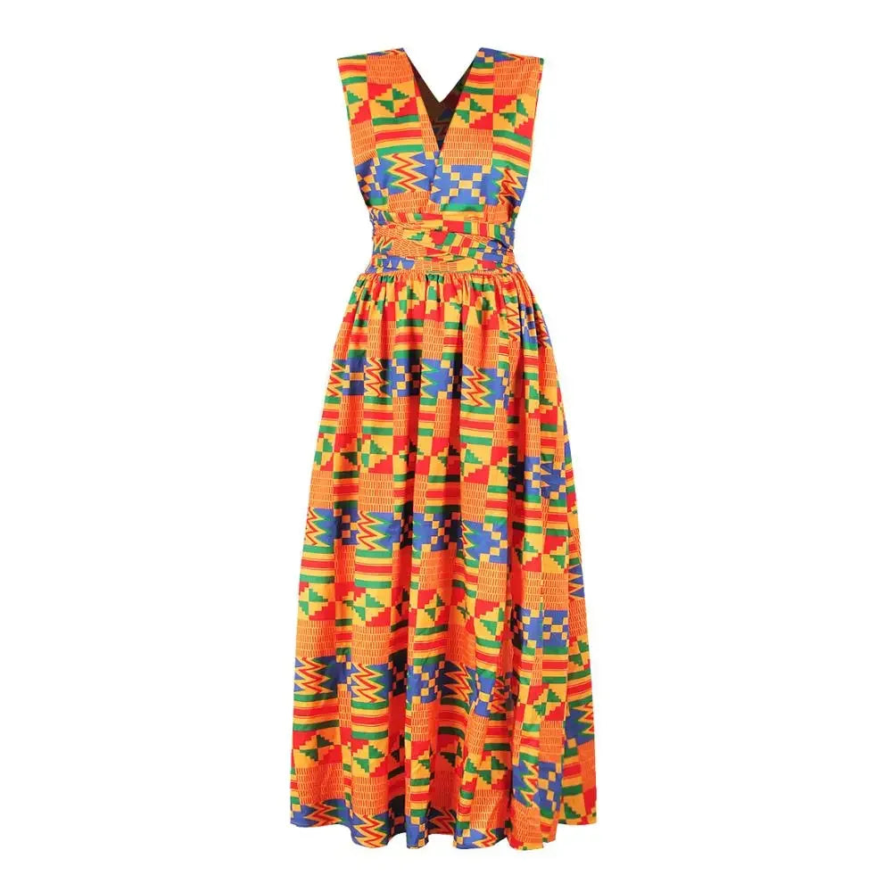 Sexy Sleeveless Dress Women Fashion Off Back African National Print Lady Party Dresses Vintage Casual Long Dress Africa Clothing