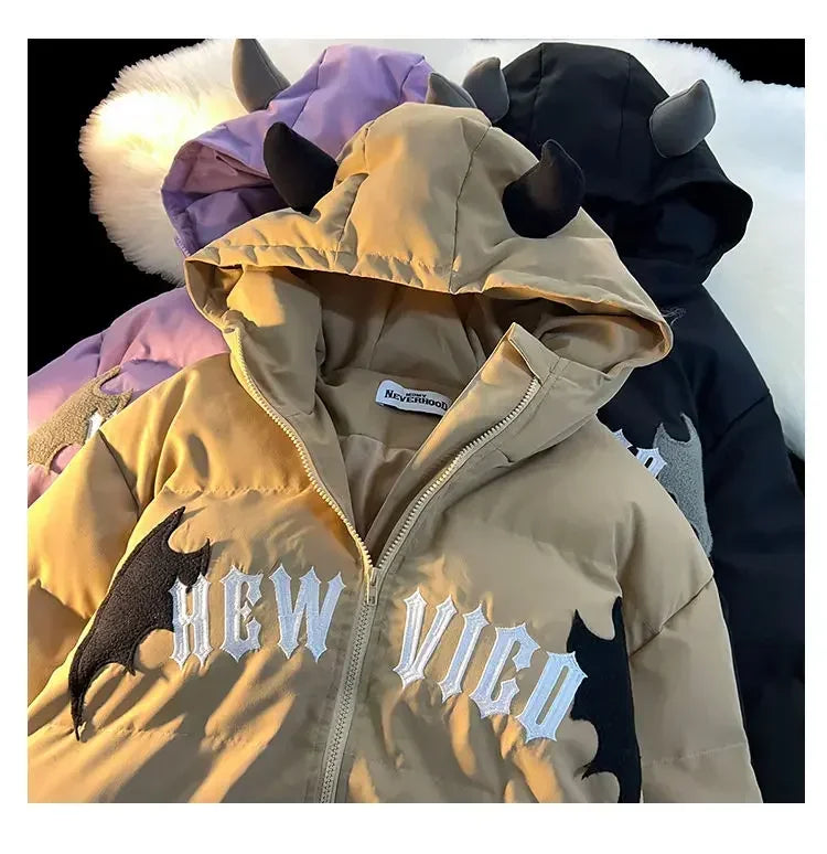Winter New Cotton Jacket Devil Wing Embroidery Bread Jackets Men's Women's Vintage Harajuku Casual Loose Hooded Cotton-padded