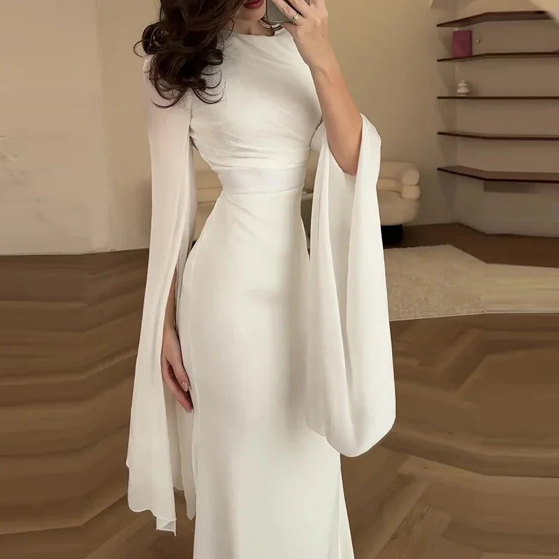 Fashion Satin Solid Robe Dress Women Elegant Batwing Sleeves High Waist Pleats Long Dress Stylish Glass Tulle Slim Evening Dress