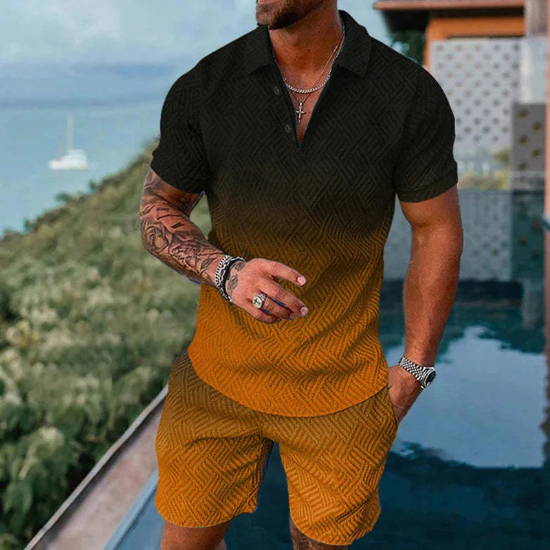 Solid Color Gradient Print Men's Sweatsuit Set Summer Casual Zipper Polo Shirt And Shorts 2pcs Sets Trend Man Pullover Clothing