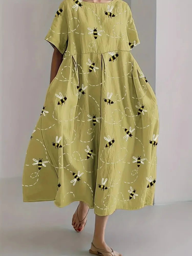 Cute Cat 3D Printed Round Neck Elegant Knee-length Dress Outdoor Holiday Casual Women's Long Dress Elegant Women's Long Dress