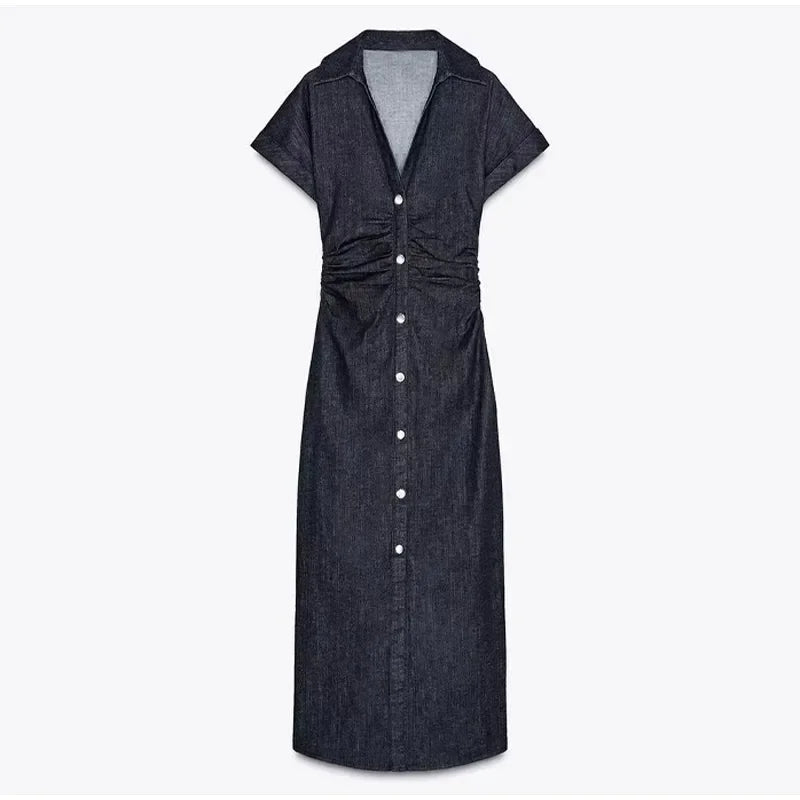 Sexy V-neck Denim Dresses 2025 Women's Spring Fashion Slim Long Dress Chic Short Sleeves Single Button High Street Lady New Robe