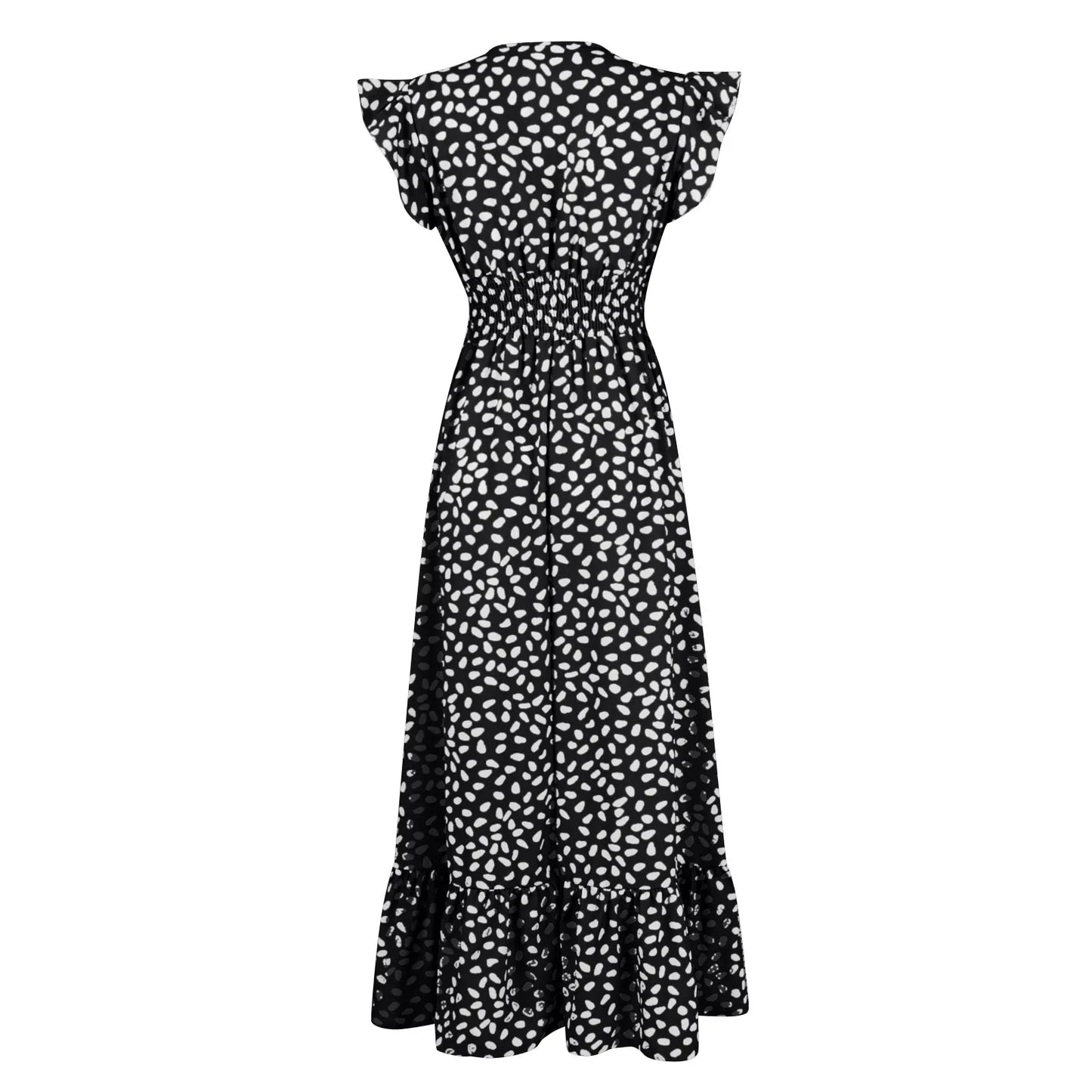 Polka Dot Dress For Women Sexy V-Neck Long Dress Casual And Fashionable Ruffle Edge Short Sleeved High Waisted Dress