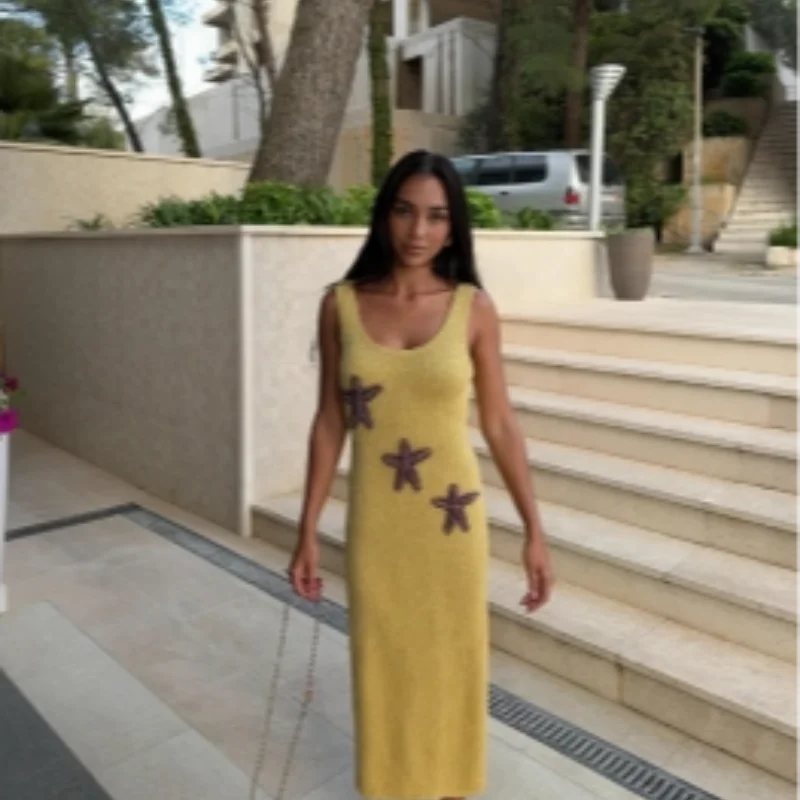 Star Pattern Knitted Sequins Long Dress Women Sleeveless O-neck Solid 2025 Summer Fashion Slim Dresses Vacation Party Vestidos