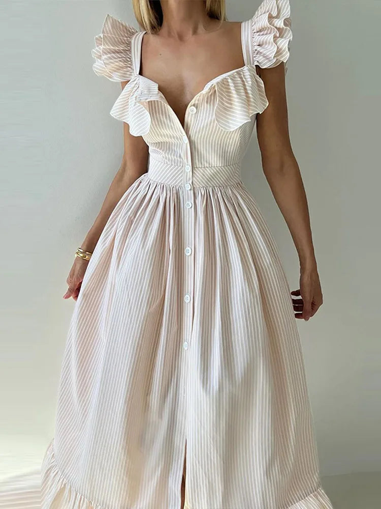 Flying Sleeve Ruffle Striped Slip Long Dress Women Elegant Square Collar Waist Cinching Pleat Party Dresses Chic Ladies Vestido