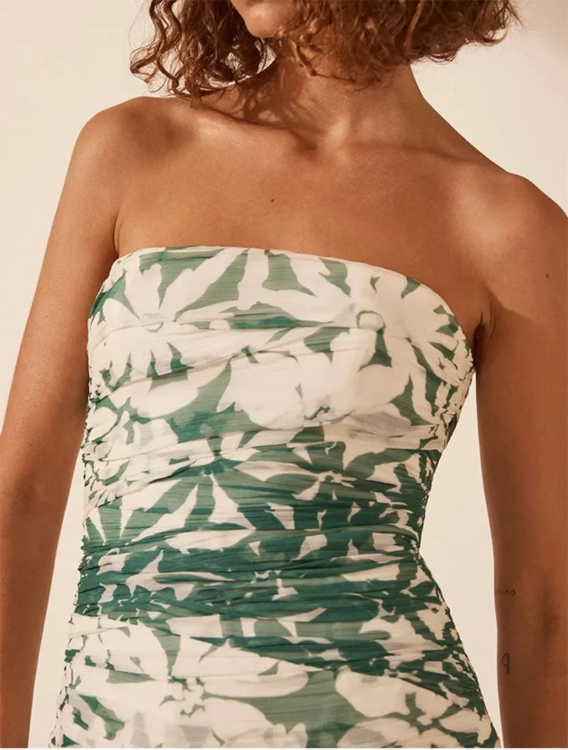 2025spring/summer New Printed Strapless Long Dress with A Stylish Design and Pleated Long Chiffon Dress for Women's Evening Wear