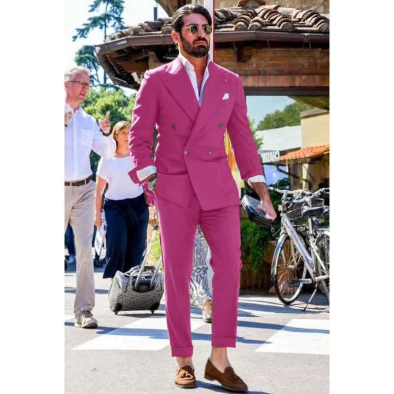 Men's Suit Two-piece Solid Color Double Breasted Fashion Spike Lapel Slim Fit Cropped Pants Casual Business Party Suits 2023