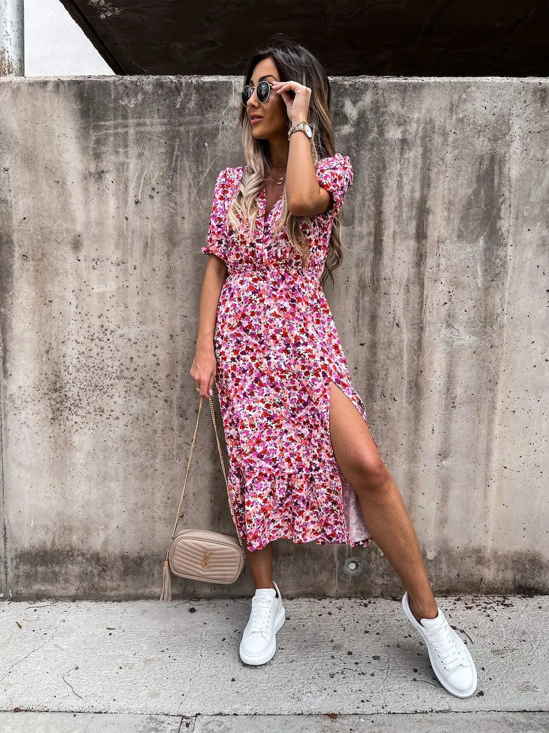 Summer Floral Print Dress Women V Neck Side Slit Long Dress Elegant Short Sleeve Button Slim Spring Female Party Dress Vestidos