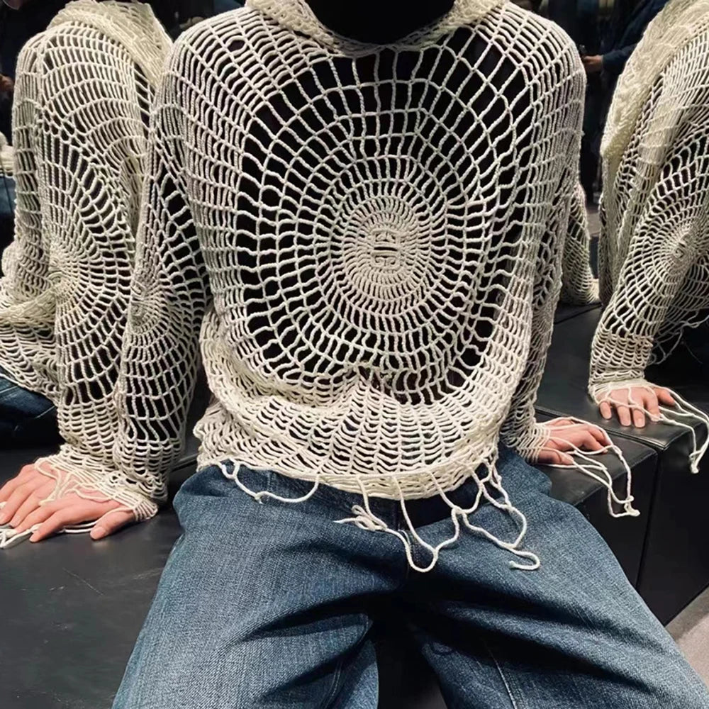 Y2K Street Clothes Spider Web Tops Hollow Hole Design Hooded Pullover Knitwear Sweater Men Korean Fashion Old Genderless Wear