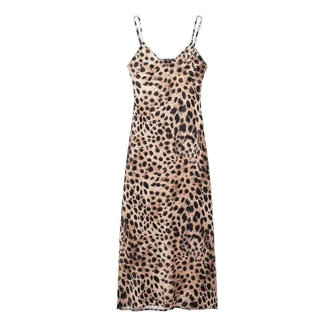 TRAF Women Fashion Summer New Underwear Backless Satin Texture Leopard Print Long Dress Chic Female French Elegance Evening