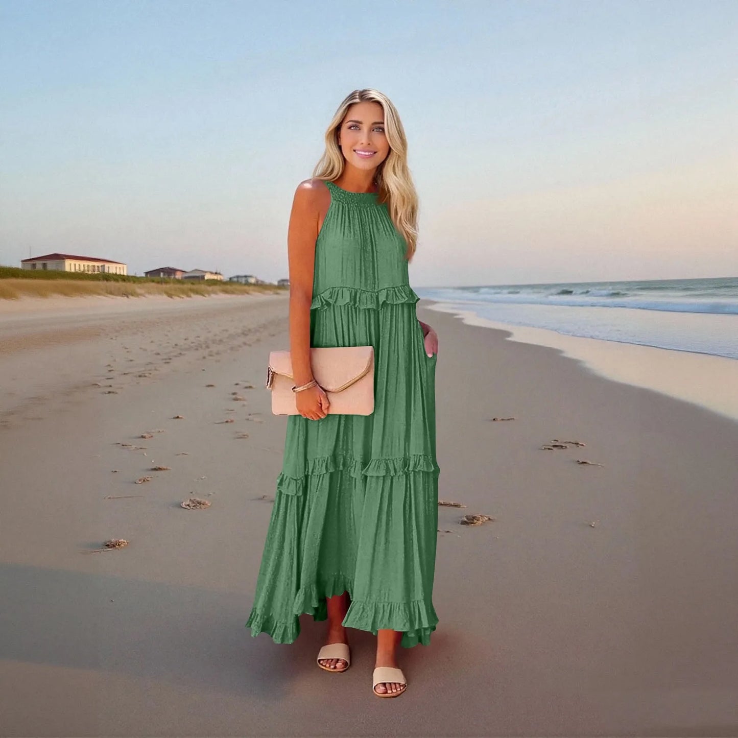 Women's Ruffled hem layered long dresses Summer Sleeveless backless dress Fashion Long Dress Big Swing Beach Dress vestidos