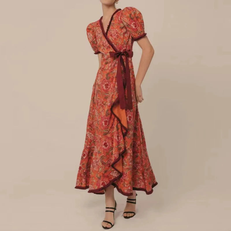 Ethnic Retro Floral Print Lace-up Long Dress Woman New Spring V-neck Puff Sleeve Party Dress Summer Ruffle A-Line Hem Boho Dress