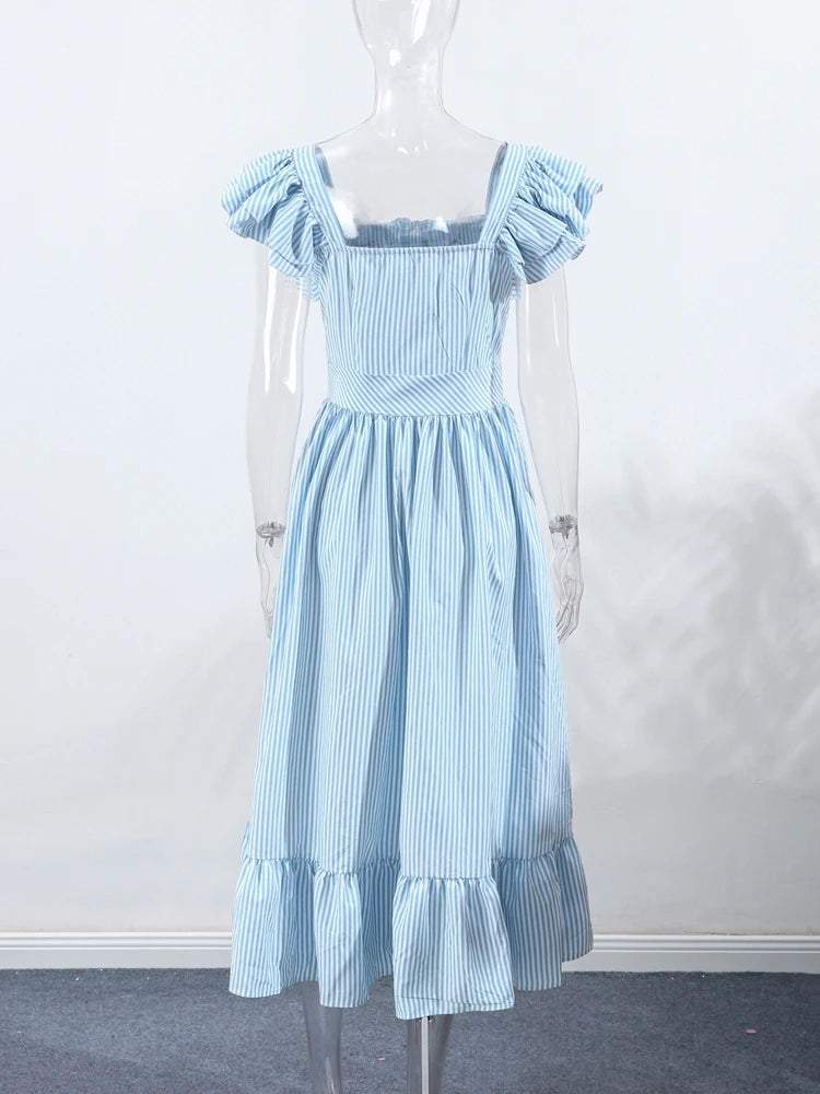 Flying Sleeve Ruffle Striped Slip Long Dress Women Elegant Square Collar Waist Cinching Pleat Party Dresses Chic Ladies Vestido