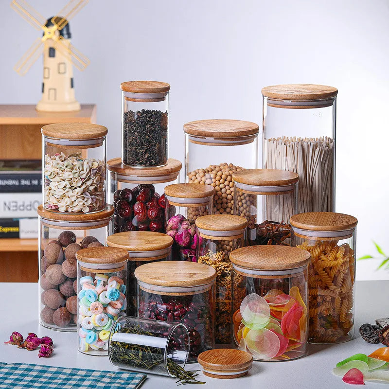 Kitchen Storage Tank Food Container Bambo Covered High Borosilicate Food Sealed Glass Tank Kitchen Miscellaneous Grain Organizer