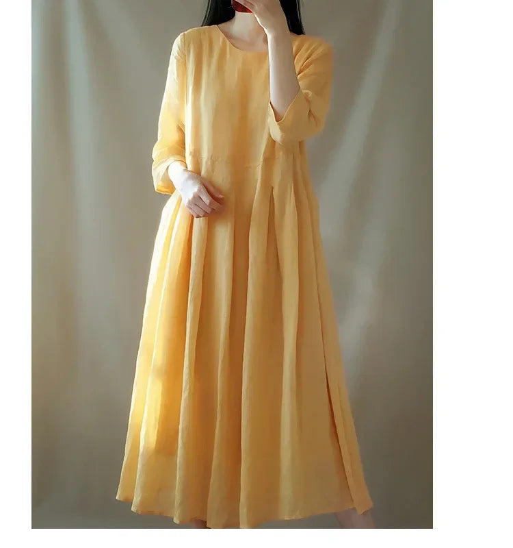 In-stock Korean Lightweight Elegant Dress Artistic Vintage Loose-fit Travel Vacation Long Dress Cotton Linen Women's Clothing