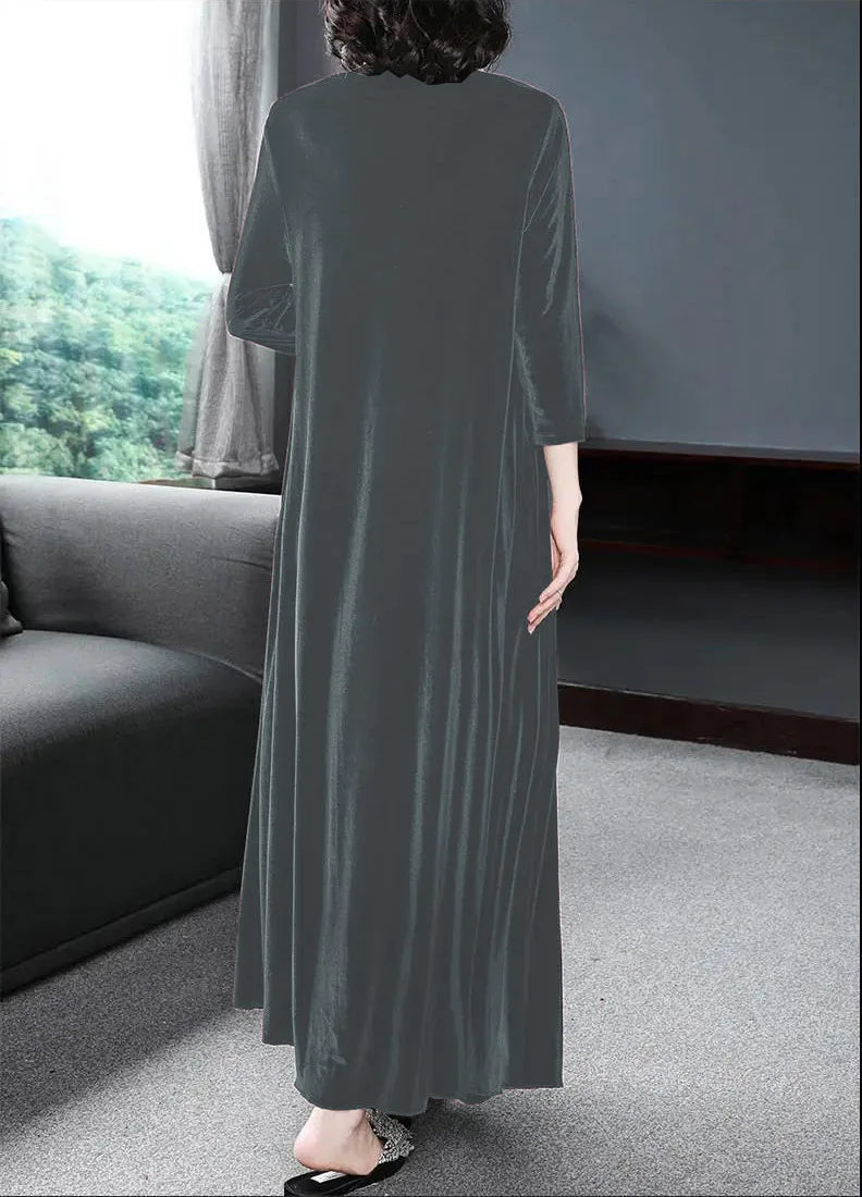 Spring and Summer New Gold Velvet European and American Slim Style Round Neck Long Dress