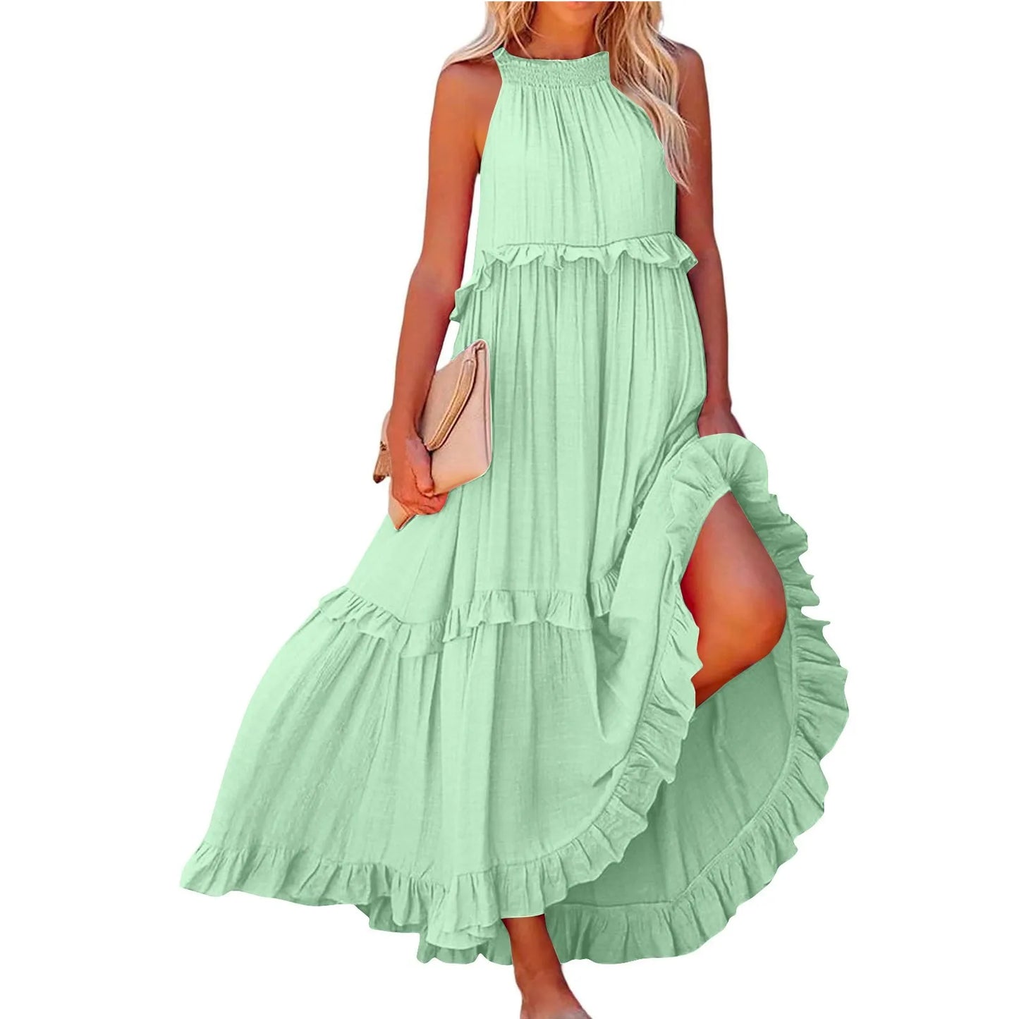 Women's Ruffled hem layered long dresses Summer Sleeveless backless dress Fashion Long Dress Big Swing Beach Dress vestidos