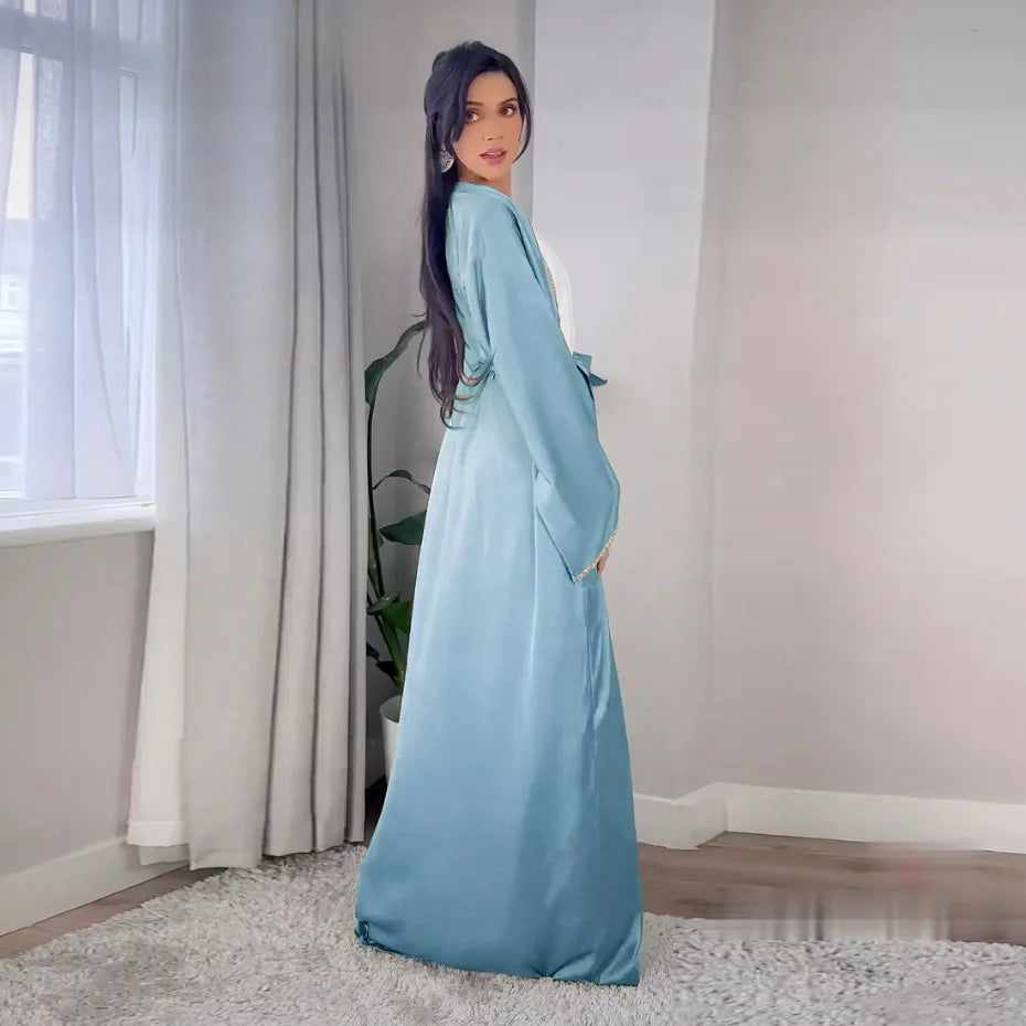2024 Muslim Dress Diamond Women's Long Dress Fashion Long Sleeve Lace-up Long Abayas Casual Solid Color Clothes for Muslim Women