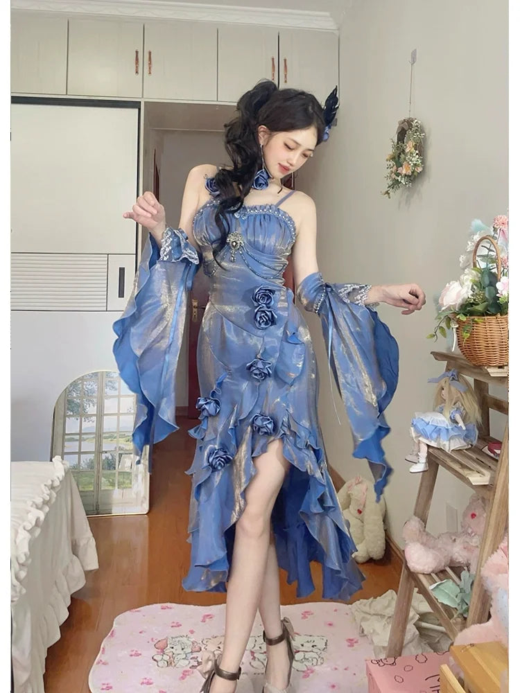 Red Lolita Fishtail Dress Womens High Waist Slim Fit Elegant 3D Rose Irregular Long Dress Lady Gothic Dress Spring and Summer