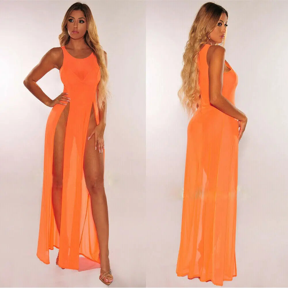 Lace O Mesh Neck Maxi Dress Mesh Lace Thin Transparent Sexy Women Slit Long Dress Elegant Women Fashion Sexy Women 7L7G