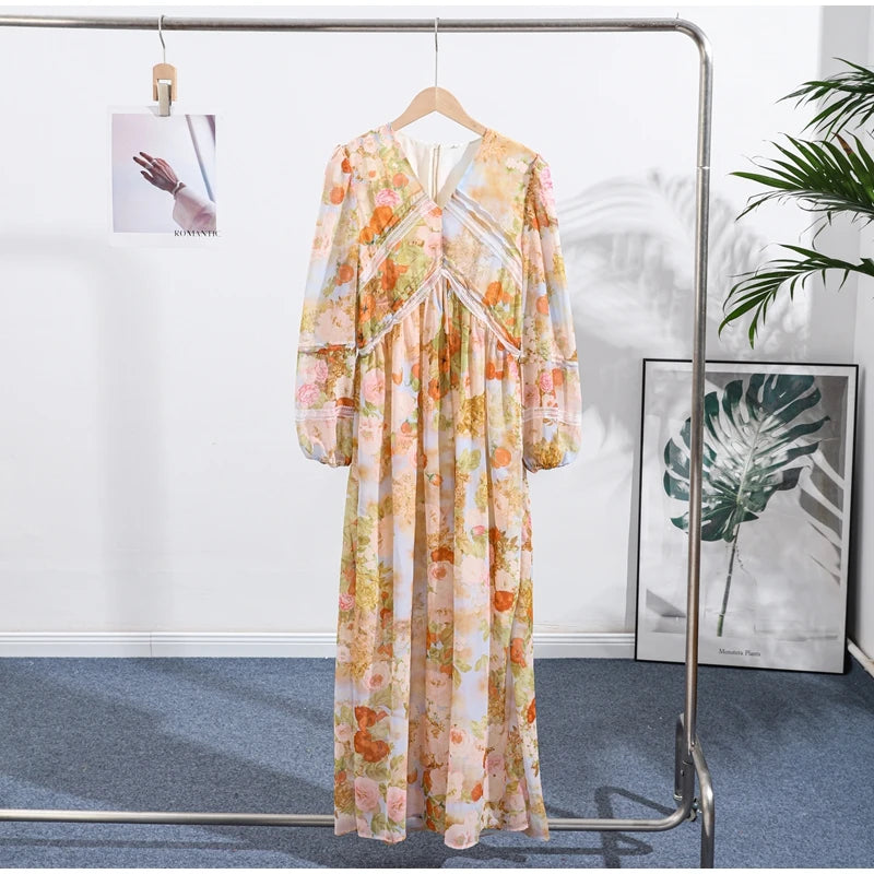 Fashion Print V-neck Women's Maxi Dresses Elegant Pleated Long Sleeve Loose Long Dress Female Summer Chic Casual Holiday Party