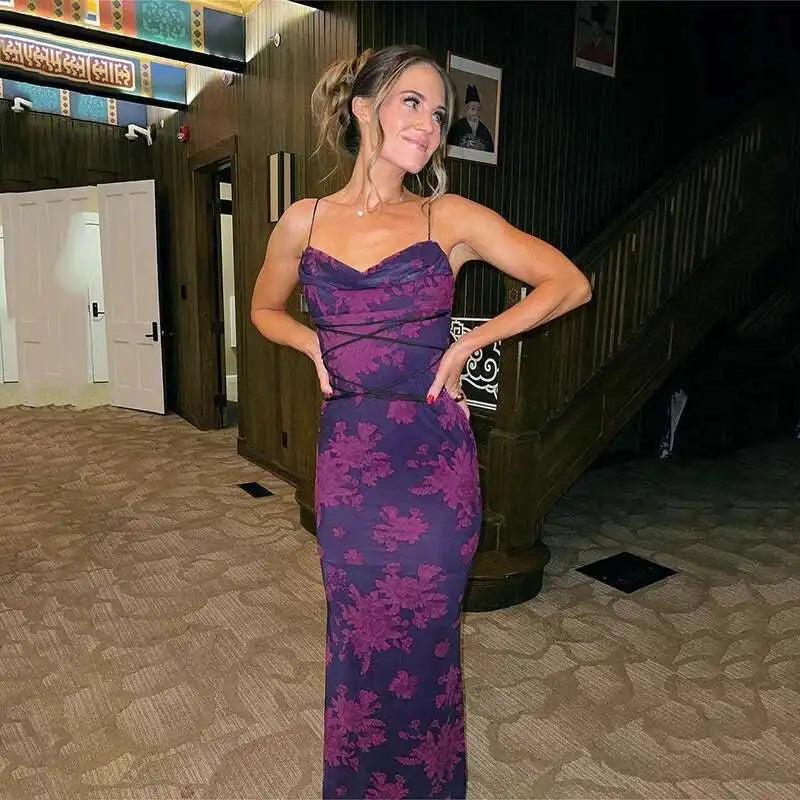 Avrilyaan Pile Collar Print Backless Sexy Dress Women 2024 Elegant Holiday Casual Dress Bodycon Summer Maxi Long Dress Vestido