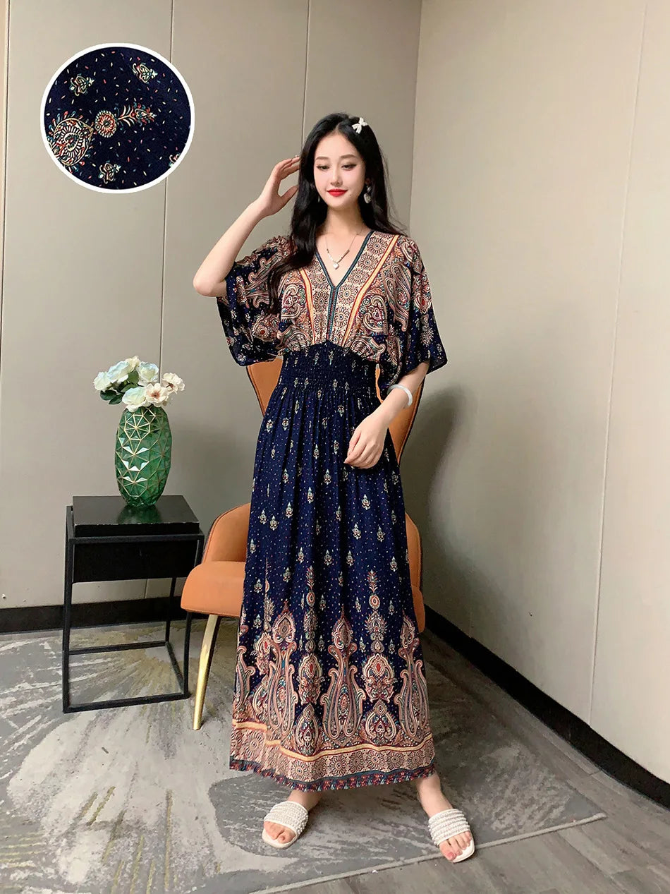 V-neck Large Skirt Hem Casual Sweet Holiday Long Dress Bat Sleeves Elastic Waist Bohemian Print Floral Elegant Dresse For Women