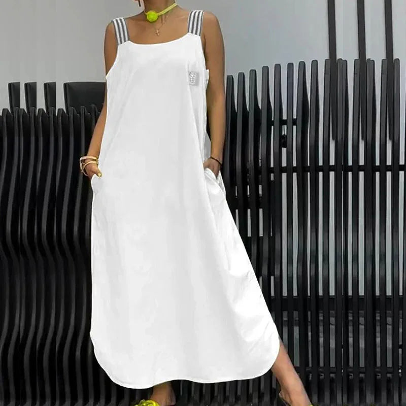 2024 Women Striped Suspender Long Dress Elegant New Off Shoulder Loose Pockets One Piece Dresses Fashion Solid Color Party Dress
