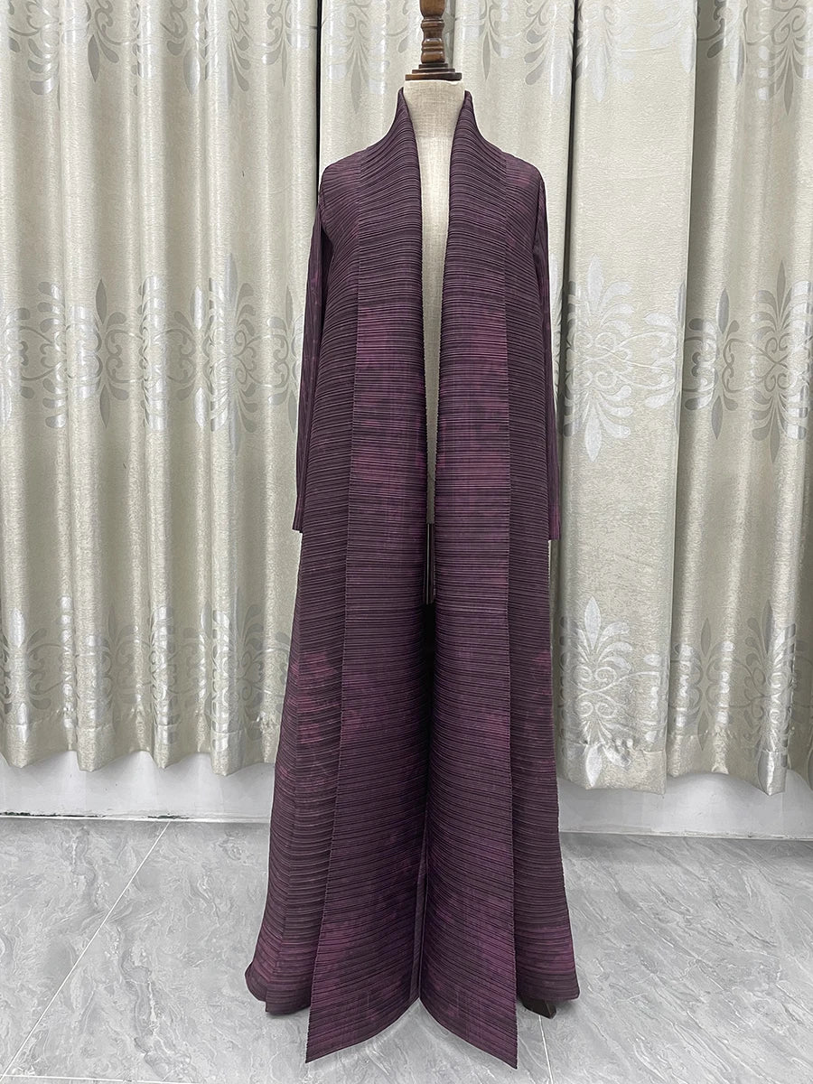 Miyake Pleated V-neck Batwing Sleeve Printed Dress Women Designer Abaya Fashion Summer Elegant Causal Loose Long Dress