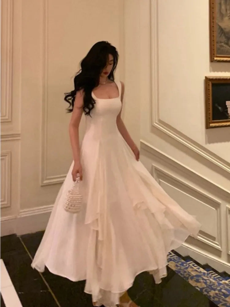 Summer Solid Elegant Camisole Long Dress Women Sweet Sleeveless A-Line Ruffles Fairy Dress Female Evening Party Vestidos Largos