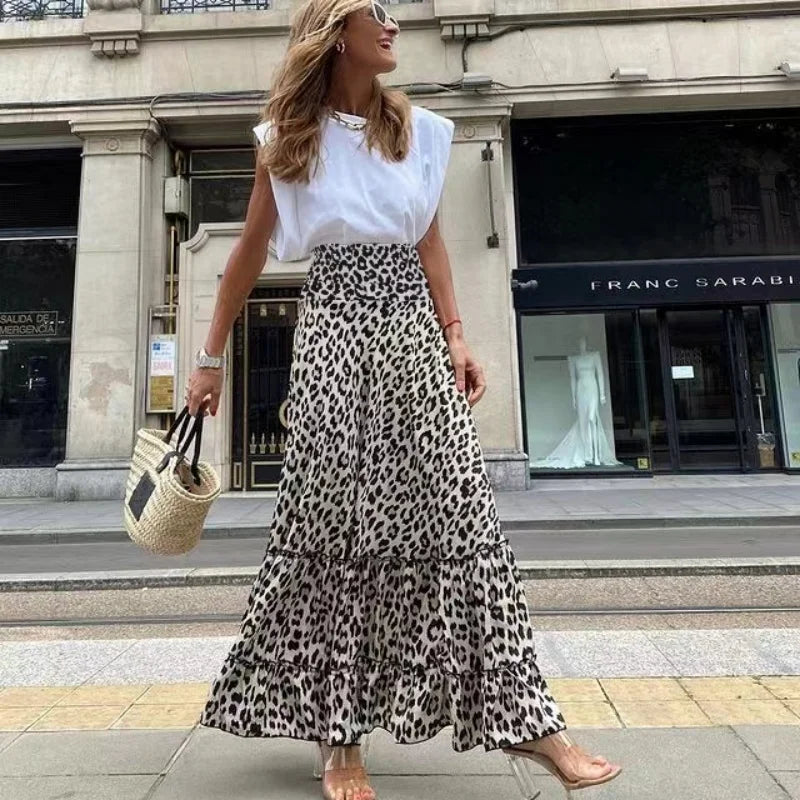 Loose High Waisted Women Skirt Elegant Leopard Print Long Dress Fashion Ruffles Clothing