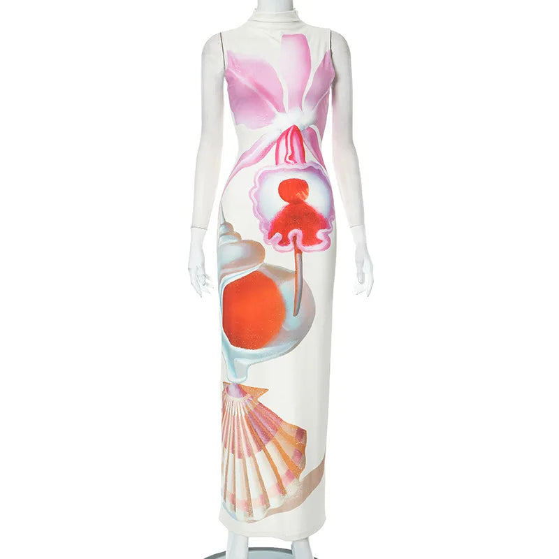 2024 Spring Summer Women long Dress Turtleneck Print Slit Round Neck Sleeveless Slim Fit Maxi Dress Robes Female Party Vestidos