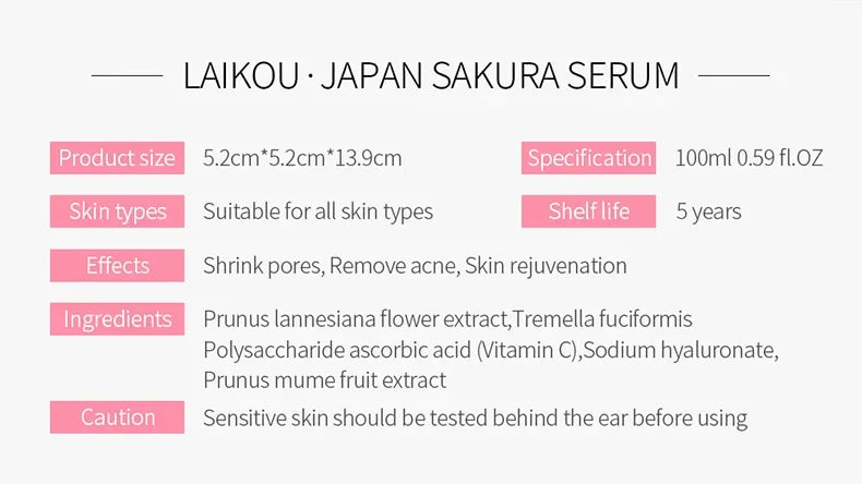 LAIKOU Cherry Blossom or Rose Essence Solution Moisturizing Facial Care Brighten Tighten Hydrating Repair Soothe Soften 100ml