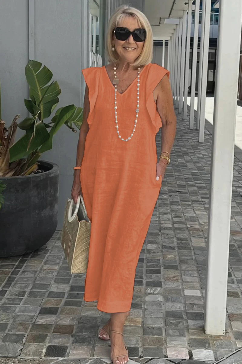 Summer Cotton And Linen Dress For Women Fashion Flying Sleeves Strappy Back Solid Color Loose Long Dress Elegant Robe Femme