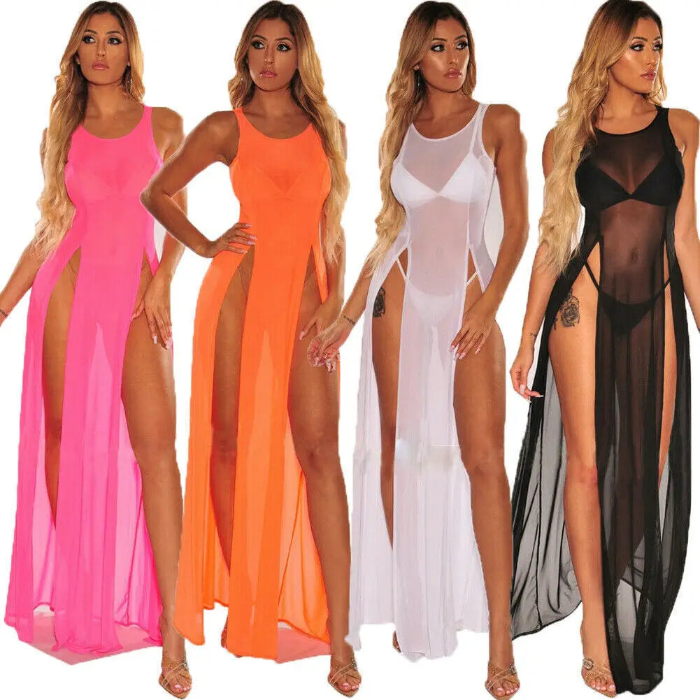 Lace O Mesh Neck Maxi Dress Mesh Lace Thin Transparent Sexy Women Slit Long Dress Elegant Women Fashion Sexy Women 7L7G
