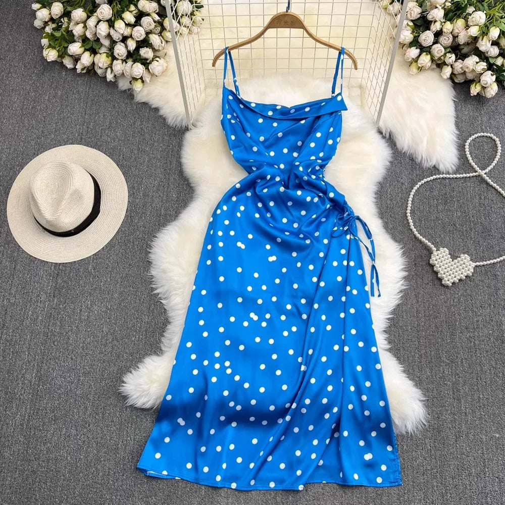 YuooMuoo Chic Polka Dot Camisole Dress for Women 2024 Summer Sexy High Split Drawstring Vacation Beach Long Dress Party Vestidos