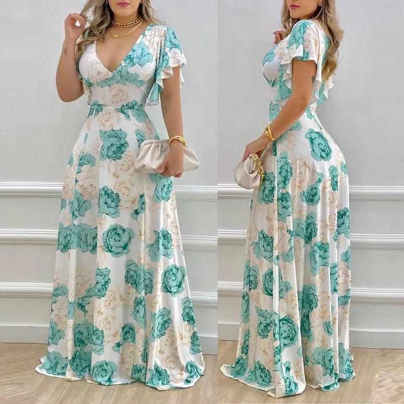 Women Summer Long Dress Floor Length 2024 New Floral Print V-neck Sexy Waist Big Swing Woman Casual Dresses Vestidos GHH9040