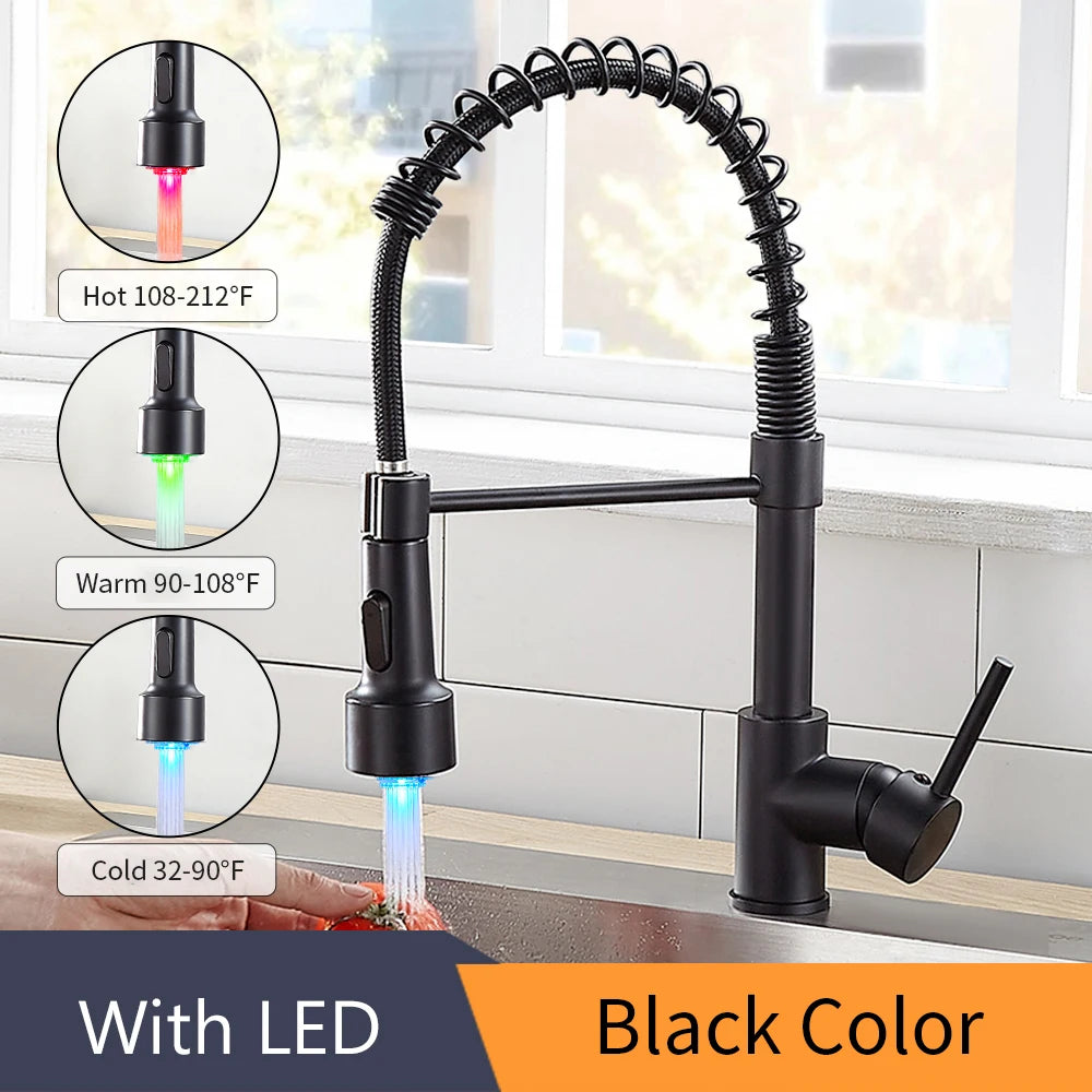 Kitchen Faucets Brush Brass Faucets for Kitchen Sink Single Lever Pull Down Spring Spout Mixers Tap Hot Cold Water Crane 9009