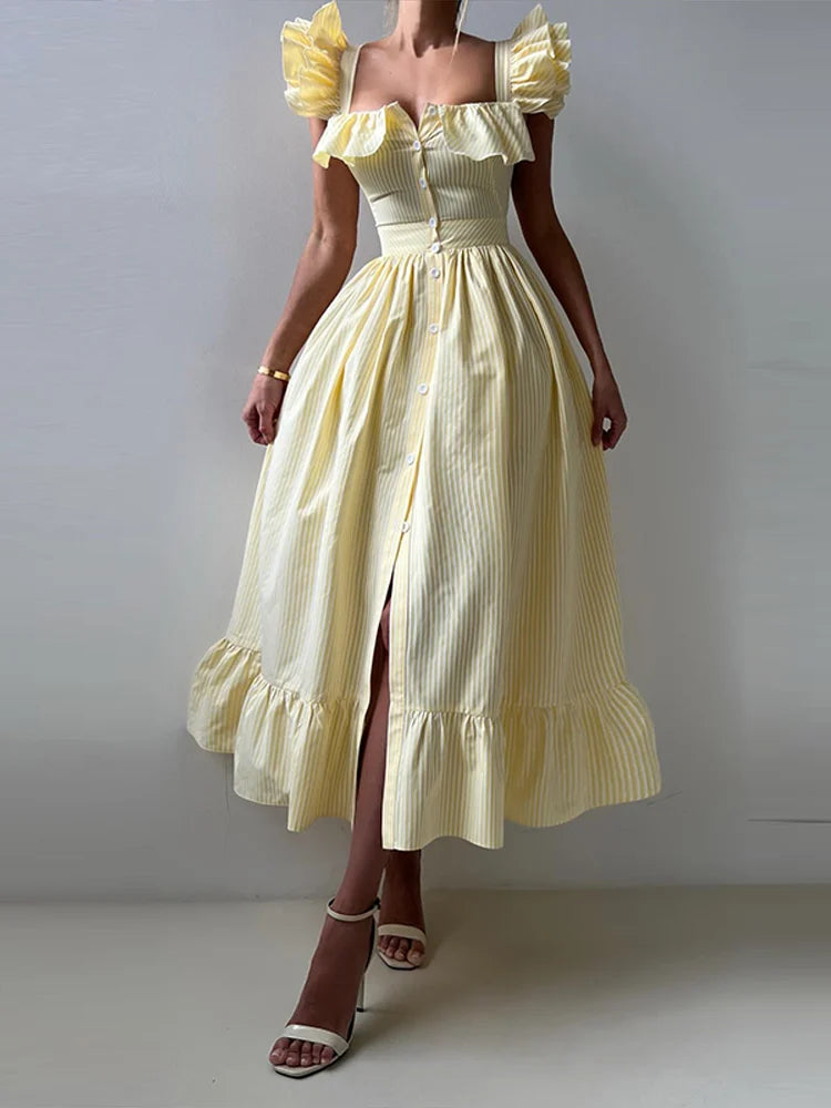 Flying Sleeve Ruffle Striped Slip Long Dress Women Elegant Square Collar Waist Cinching Pleat Party Dresses Chic Ladies Vestido