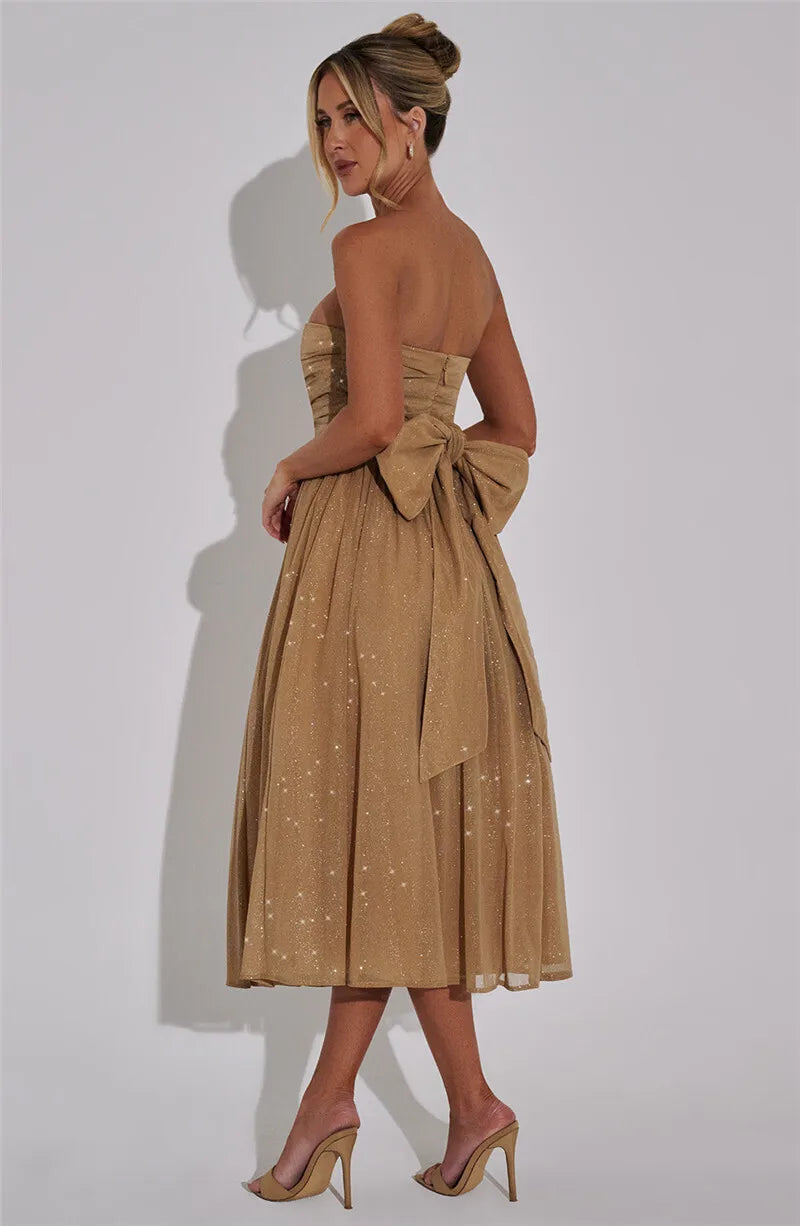 Mozision Off-shoulder Backless Bow Sexy Maxi Dress For Women Strapless Sleeveless A-line Loose Pleated Sexy Long Dress Clubwear