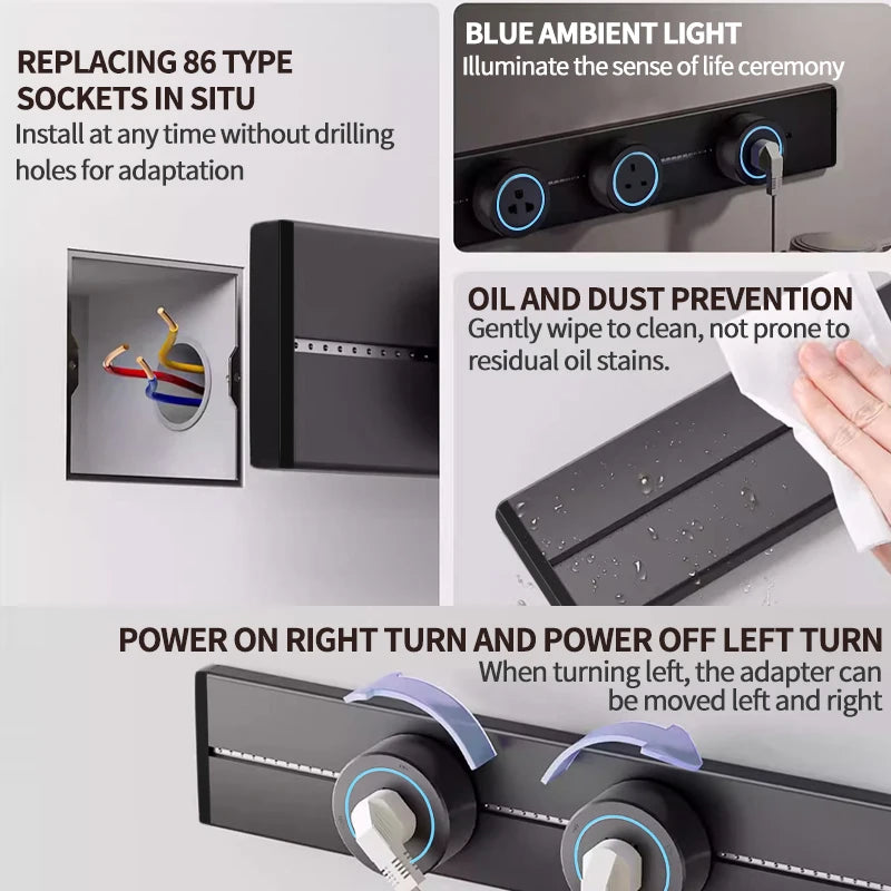 Socket power rail socket concealed concealed wall kitchen socket with EU, UK, and Korean universal plug adapter