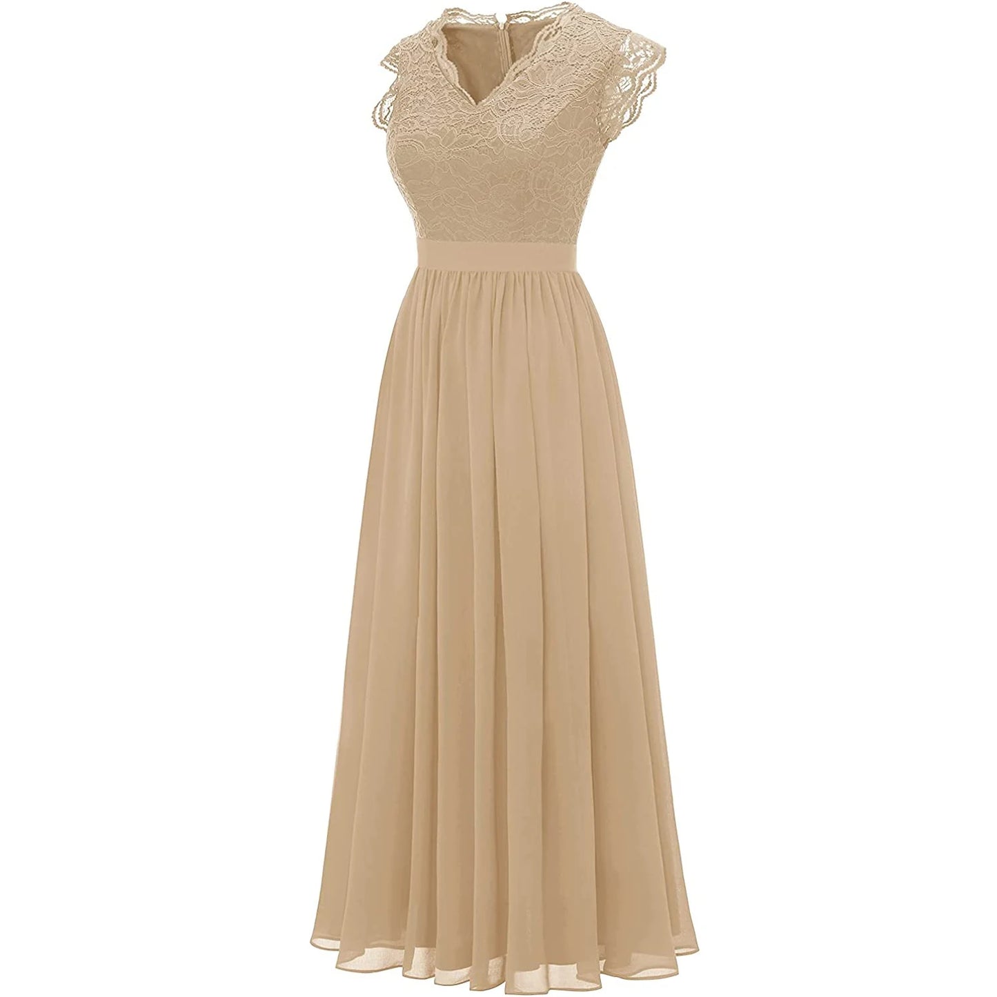 Elegant Women's Party Bridesmaid Long Dress Lace Patchwork Chiffon Sleeveless Wedding V Neck One Piece Formal Party Midi Dress