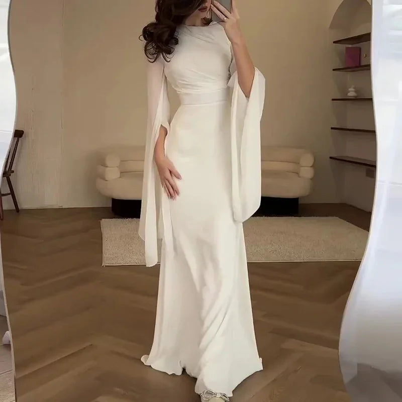 Fashion Satin Solid Robe Dress Women Elegant Batwing Sleeves High Waist Pleats Long Dress Stylish Glass Tulle Slim Evening Dress