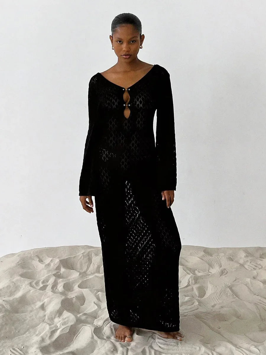 TARUXY Crochet Beach Maxi Dress Women's Sexy Knitted Hollow Bikini Swimsuit Cover-Up Sun Protection Dress See Through Slim Lady