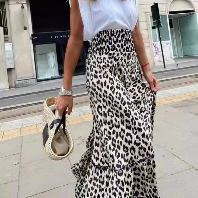 Loose High Waisted Women Skirt Elegant Leopard Print Long Dress Fashion Ruffles Clothing