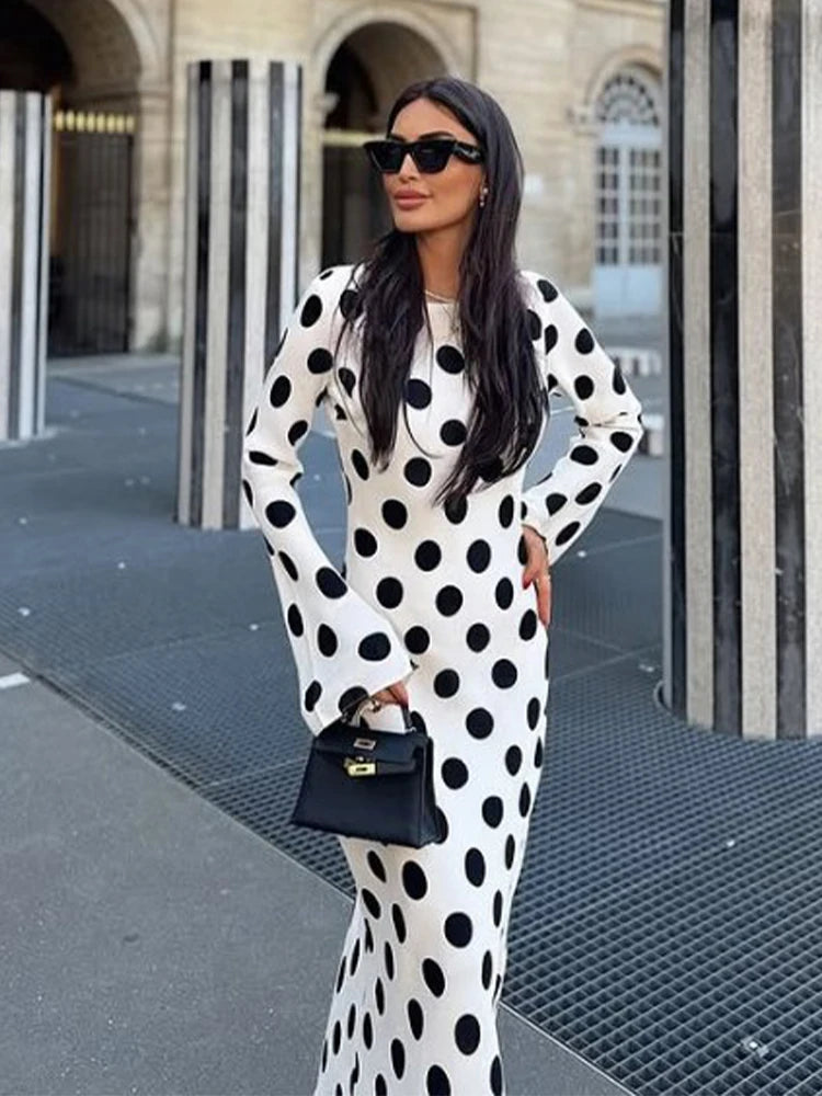 Sexy Polka Dot Women's Long Dress Square Collar Waist Cinching Belt Flare Sleeve Maxi Dressess Lady 2025 Summer Evening Vestidos